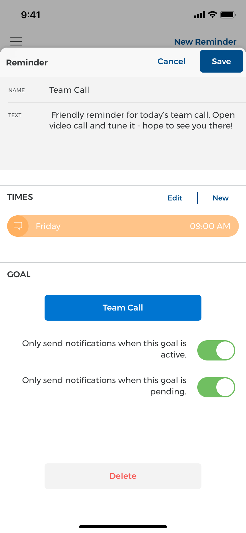 Goalify mobile app reminder feature
